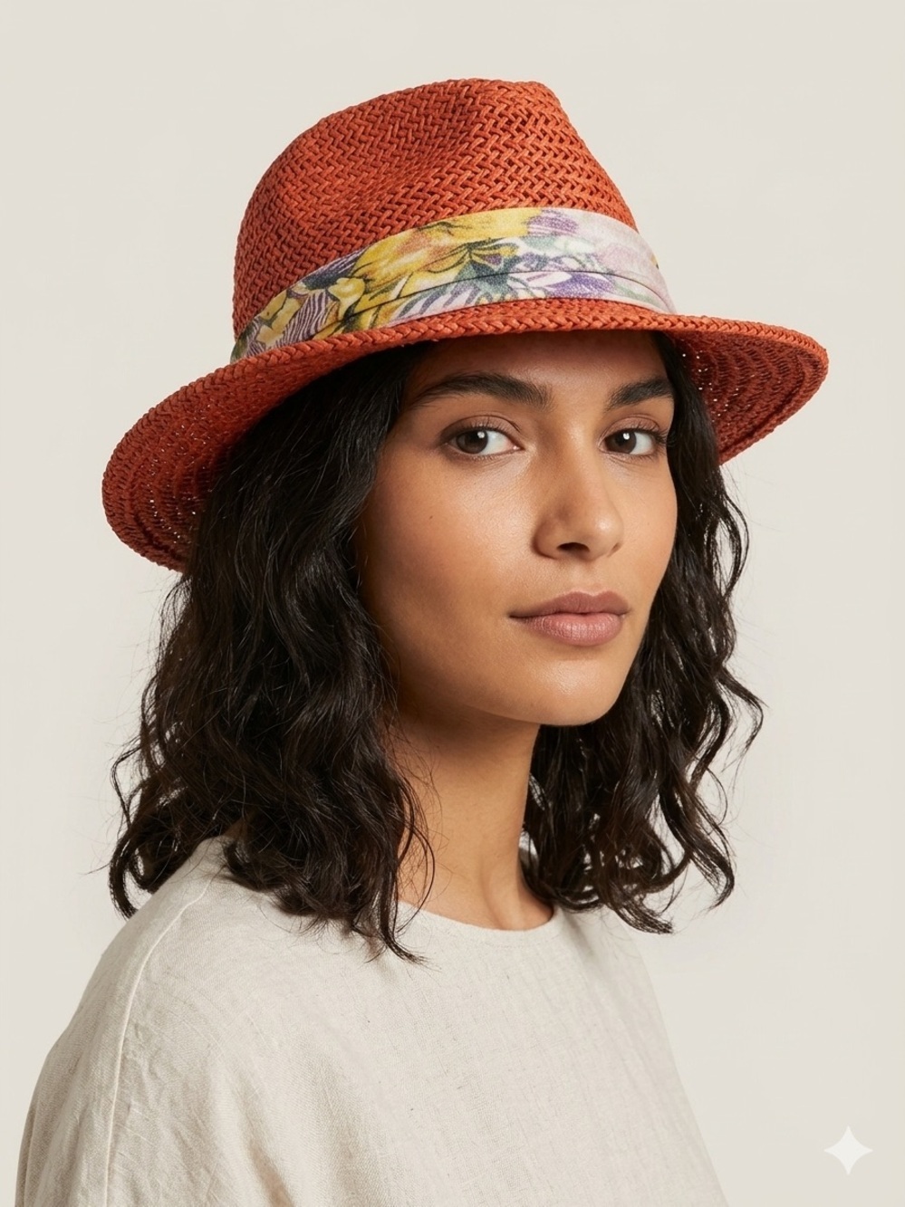 Hinge Orange 100% Straw Fedora with Floral Scarf Band